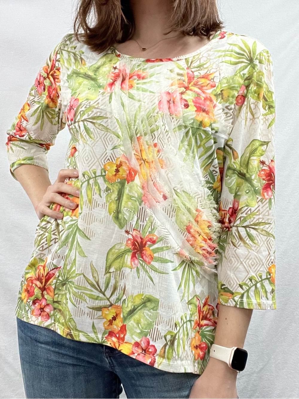 Alfred Dunner White Scoop Neck Tunic with Pink, Orange & Green Floral